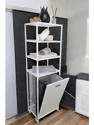 Metal Kirli Sepetli 4 Raflı Çok Amaçlı Banyo Düzenleyici Raf Organizer Beyaz/beyaz – MRS-015 C1-1-369