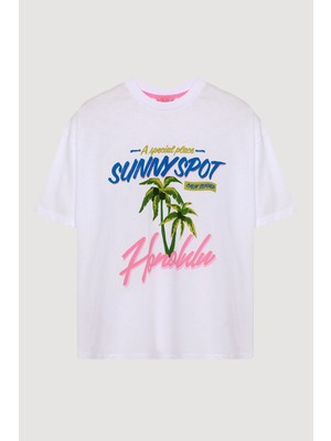 Quzu Kadın Bisiklet Yaka Baskılı T-Shirt