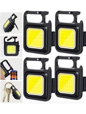 4 Adet LED Anahtarlıklı Metal Kasa El Feneri Şişe Açacağı Usb’li Şarj Edilebilir Cep Boy Cob 800MAH