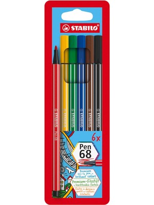 Pen 68 - Keçe Uçlu Boya Kalemi - 6 'lı Askılı Paket - 6 Farklı Renkte