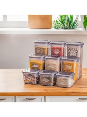 433-GR-3 9 Lu Kare Etiketli Gıda Erzak Baharat Saklama Kabı Seti 3x(0.60+1.30+1.90) Lt Gri