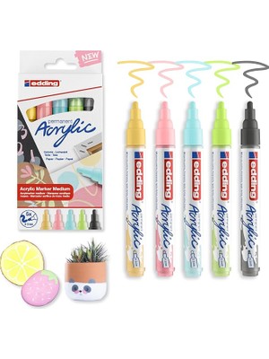 5100 Akrilik Markör - Sarı Mavi Yeşil Pembe Gri - Akrilik Markörler 5'li Paket (Pastel)