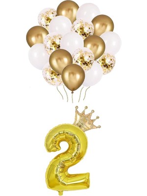 Rakam Gold Folyo Balon, Kral Tacı ve Konfetili Gold Balon
