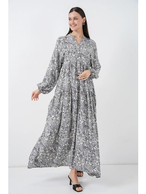 Hiccup Kadın Bdart Düğmeli V-Yaka Desenli Maxi Elbise Gri