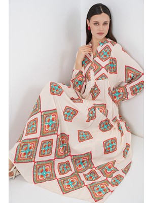 Hiccup Kadın Bdart Düğmeli V-Yaka Desenli Maxi Elbise Bej Doğal