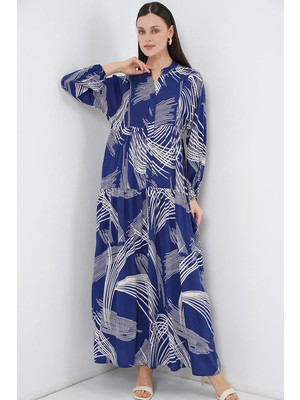 Hiccup Kadın Bdart Düğmeli V-Yaka Desenli Maxi Elbise Lacivert