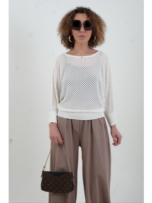 Zelish My Sister Ekru Kayık Yaka Delikli Triko