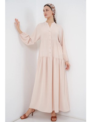 Hiccup Kadınlar BDART V Yaka Düğmeli Rahat Kesim Maxi Elbise Bej Doğal