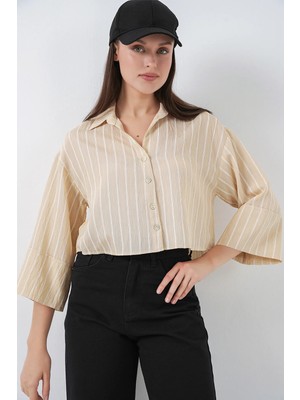 Hiccup Kadın BDART Düğmeli, Crop, Oversize Çizgili Gömlek Bej Doğal