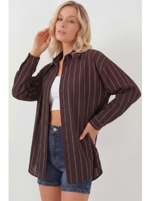 Hiccup Kadın Bdart Oversized Çizgili Düğmeli Gömlek Mocha Kahvesi