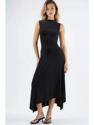 Hiccup Kadın Asimetrik Midi Sandy Elbise Siyah