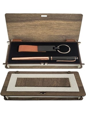 Nuveden Ieg™ Dekoratif Ahşap Kutulu Bakır Kalem Anahtarlık Set