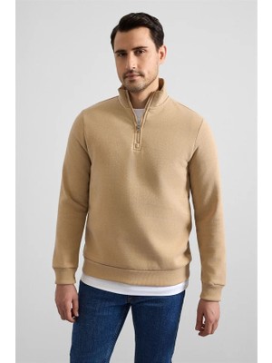 Süvari Bej Regular Düz Yarım Balıkçı Yaka Sweatshirt