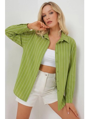 Hiccup Kadın Bdart Oversized Çizgili Düğmeli Gömlek Yeşil