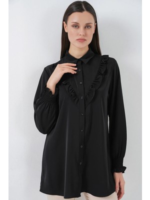 Hiccup Kadın Bdart Fırfırlı Uzun Kollu Düğmeli Gömlek Siyah