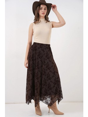 Hiccup Kadın Bdart Yüksek Bel Çiçek Desenli A Kesim Maksi Etek Mocha Kahvesi