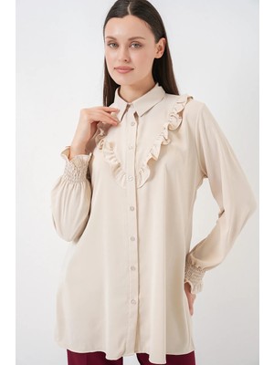 Hiccup Kadın Bdart Fırfırlı Uzun Kollu Düğmeli Gömlek Krem Doğal