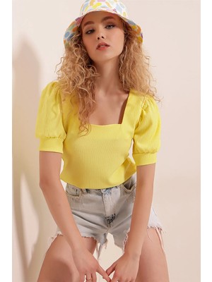 Hiccup Kadınlar BDART Slim Fit Kare Yaka Bluz Limon Sarısı