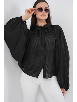 Hiccup Kadın Bdart Oversize Çizgili Düğmeli Gömlek Siyah