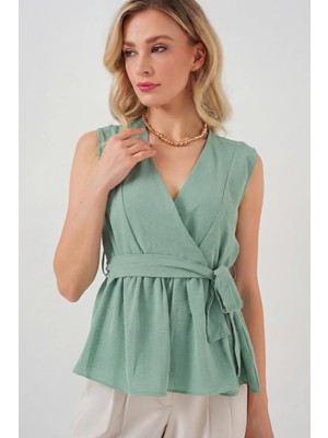 Hiccup Kadın Bdart V Yaka Bağlama Detaylı Bluz Çam Yeşili