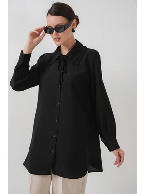 Hiccup Kadın Bdart Düğmeli, Fırfırlı Uzun Gömlek Siyah