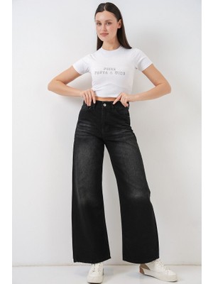 Bol Paça Yüksek Bel Palazzo Kot Pantolon 6656 - Siyah