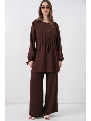 Uzun Tunik Pantolon Ikili Takım 6719 - Kahverengi