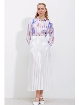 Hiccup Kadın Bdart Metalik Dokulu Yüksek Bel Fırfır Detaylı Maksi Etek Beyaz