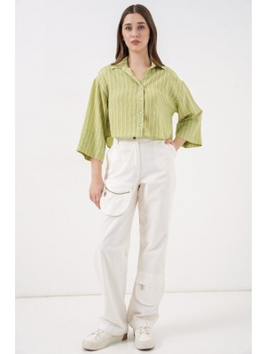 Çizgili Oversize Kısa Gömlek 20326 - E.yeşil