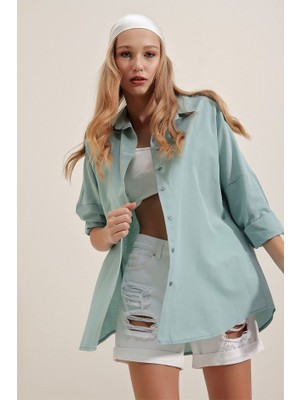 3900 Oversize Uzun Basic Gömlek - Su Yeşili