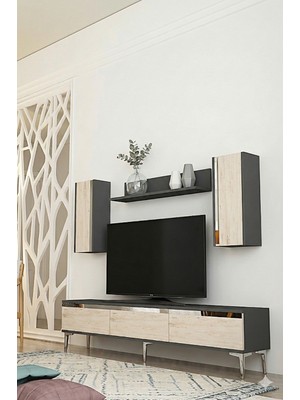 Yumedi Design TVR1898ATS - Cherry Tv Ünitesi Takımı 180CM Antrasit-Traverten-Silver