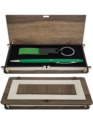 Skygo Ahşap Kutulu Yeşil Anahtarlık ve Kalem Set