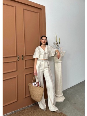 Kadın Çizgili Müslin Kumaş Ikili Takım – Crop Bluz & Bol Paça Pantolon
