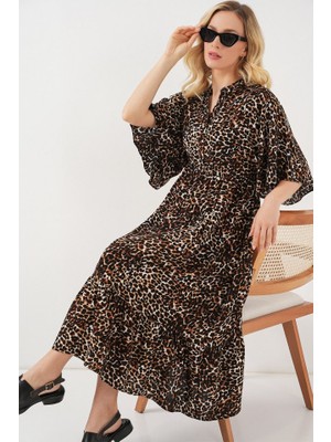 Desenli Kısa Kol Elbise 2562 - C. Kahverengi