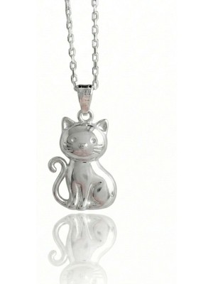 Ashak Accessories Kadın 925 Ayar Gümüş Zincirli Kedi Tatlı Sevimli Kedicik Kolye