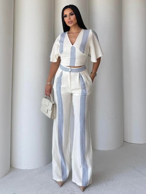 Kadın Çizgili Müslin Kumaş Ikili Takım – Crop Bluz & Bol Paça Pantolon