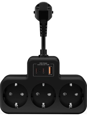 Storemax Oktaysell Yüksek Voltaj Korumalı Priz, Duvar Tipi Kısa Kablolu Priz Çoğaltıcı, 3x Soket, 2x Type-C, 1x Usb, 16A, 3680W, 1050 Joule, Çocuk Korumalı, Isıya Dayanıklı Yapı (Siyah)