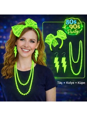 80’ler 90’lar Neon Yeşil Parti Seti – Kolye Küpe Taç Nemere