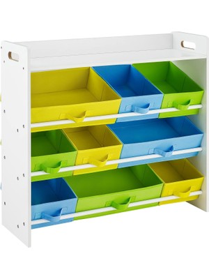 Storemax Oktaysell Songmıcs Çocuk Odası Rafı, 9 Çıkarılabilir Polar Sepetli Oyuncak Düzenleyici, Çocuk Odası Için Oyuncak ve Kitaplık, Beyaz Çerçeve, GKR31WT, 78 x 26,5 x 82,5 cm