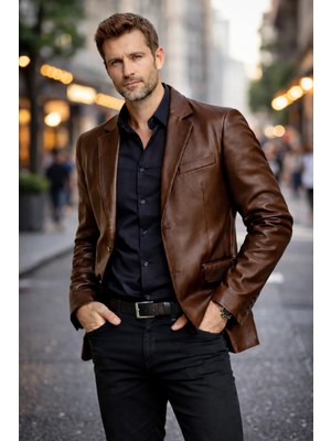 Derije Diego Hakiki Kuzu Deri Erkek Kahverengi Blazer Ceket