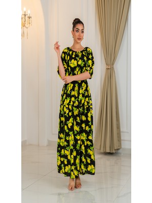 Fibula Meyve Desen Standart Beden Asimetrik Yaka Kıraş Kat Elbise 36-44 Bedenler Arası Olur