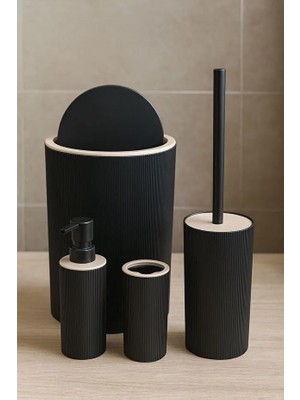 Storemax Oktaysell Quardi Banyo Seti Modern Çizgili - 7 Litre Kova 4 Parça Banyo Çöp Kovası Seti (Siyah)