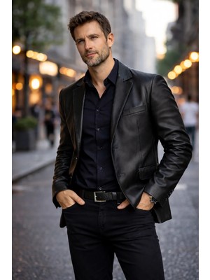 Derije Diego Hakiki Kuzu Deri Erkek Siyah Blazer Ceket