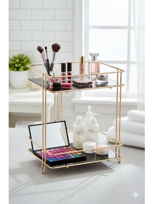 Sedoa Iki Katlı Kare Banyo Kozmetik Takı Düzenleyici Çok Amaçlı Organizer Gold