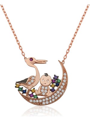 925 Ayar Gümüş Leylek ve Bebek Kadın Gümüş Kolye