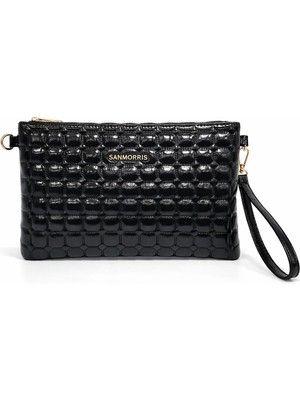 Sanmorris Kadın Suni Deri Siyah Mozaik Desen Ayarlanabilir Çapraz ve El Askılı Portföy, Clutch Çanta 1424
