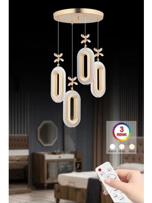Laaysa LED 4'lü Gold Kumandalı 3 Renk Ledli Modern LED Avize