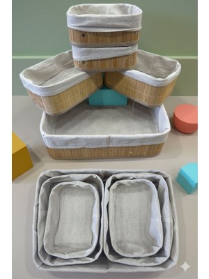 Sedoa 5'li Bambu Sepet Naturel Astarlı Çok Amaçlı Saklama Kutusu - Banyo Kozmetik Mutfak Dolap Organizeri