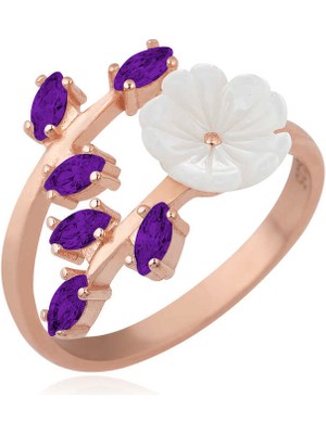 Gümüş Rose Mor Yapraklı Bahar Çiçeği Yüzük