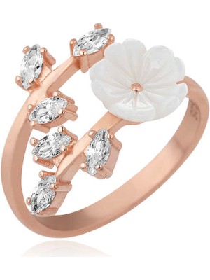 ​925 Ayar Gümüş Rose Beyaz Bahar Çiçeği Yüzük